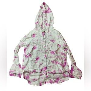 Rachel Zoe Pink Tie Dye 100% Linen Button Down Hoodie Shacket - Size Medium